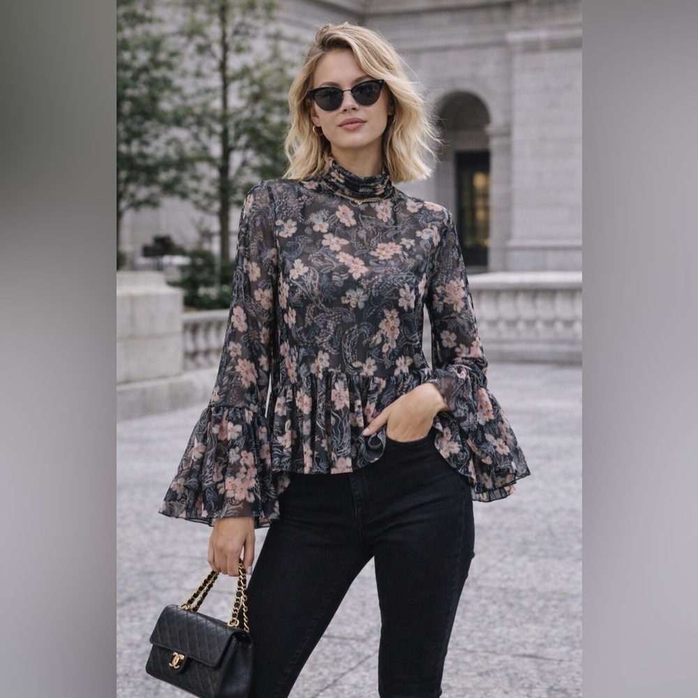 Zara Floral Black and Pink Top
